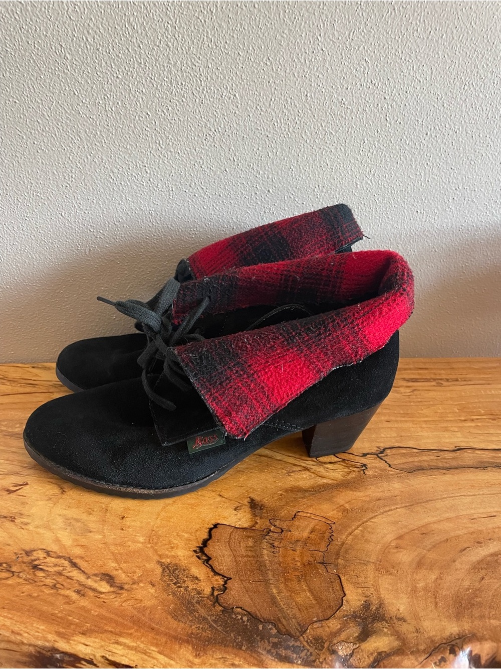 Vintage G.H. Bass & Co. Black Suede Ankle Boots with Red Plaid Cuff